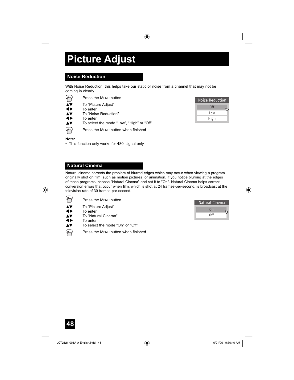 Noise reduction, Natural cinema, Picture adjust | JVC AV-48P787 User Manual | Page 48 / 72