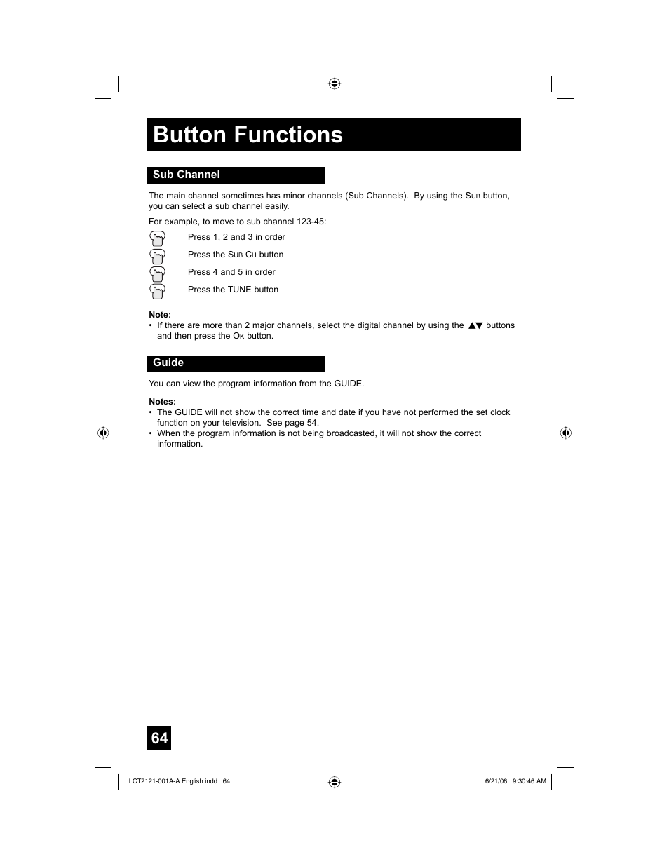 Sub channel, Guide, Button functions | JVC AV-48P787 User Manual | Page 64 / 72