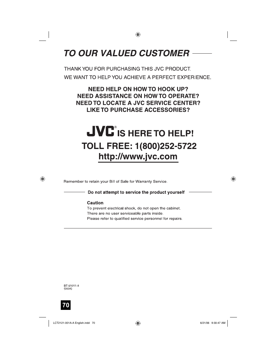 To our valued customer | JVC AV-48P787 User Manual | Page 70 / 72