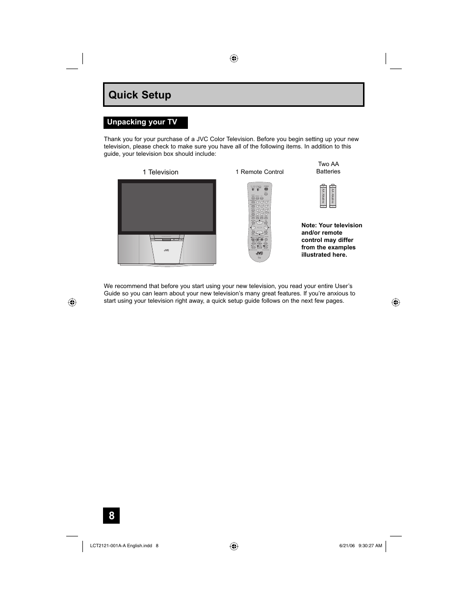 Quick setup, Unpacking your tv, 1 television | Tune, Return+ /tv, Aspect, Rm-c1272g ml/mts sound guide display c.c. input, Pull/open power digital image scaling technology, Two aa batteries | JVC AV-48P787 User Manual | Page 8 / 72