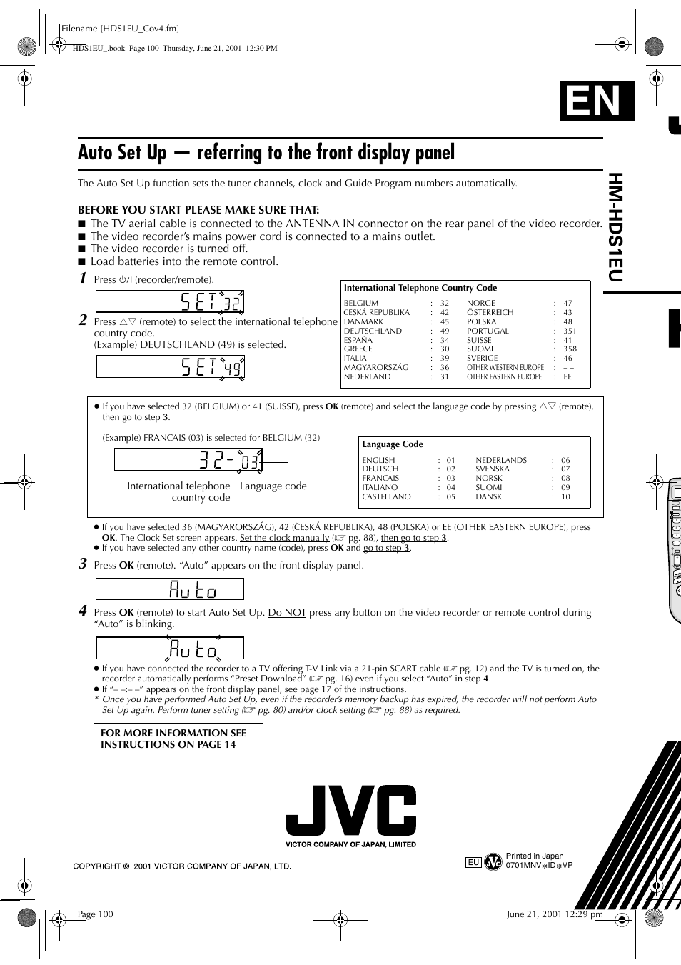 Auto set up — referring to the front display panel | JVC HM-HDS1EU User Manual | Page 100 / 100