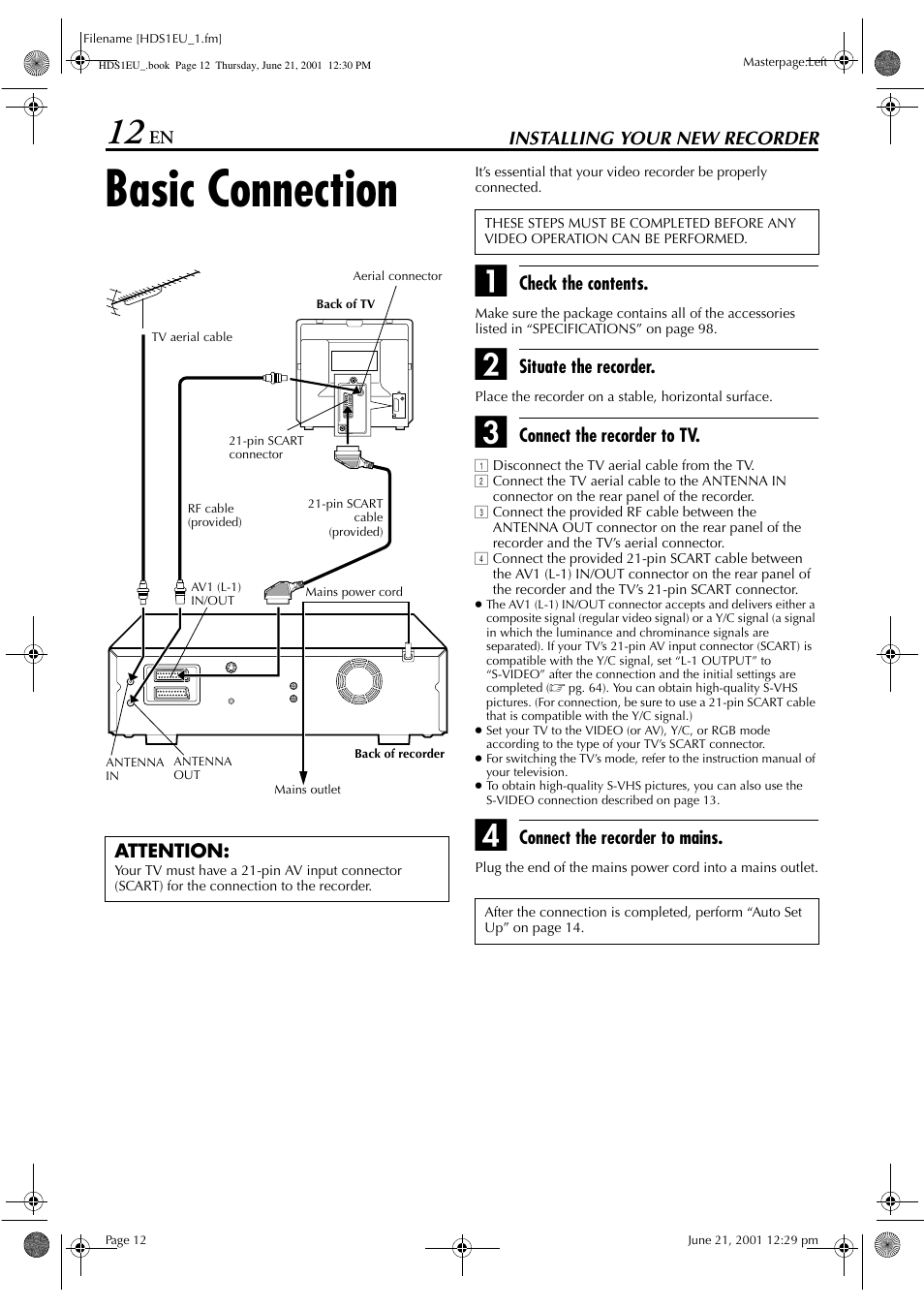 Installing your new recorder, Basic connection | JVC HM-HDS1EU User Manual | Page 12 / 100