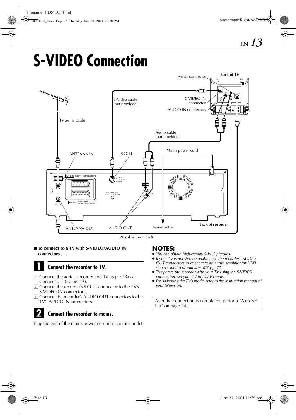 S-video connection, Connect the recorder to tv, Connect the recorder to mains | JVC HM-HDS1EU User Manual | Page 13 / 100