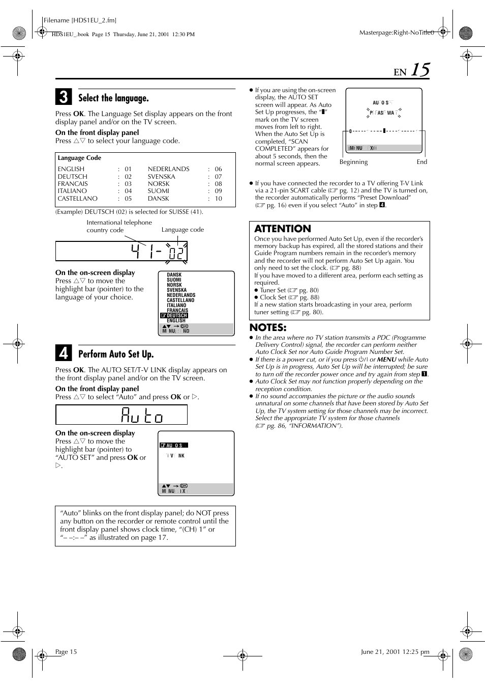 Select the language, Perform auto set up, Attention | JVC HM-HDS1EU User Manual | Page 15 / 100