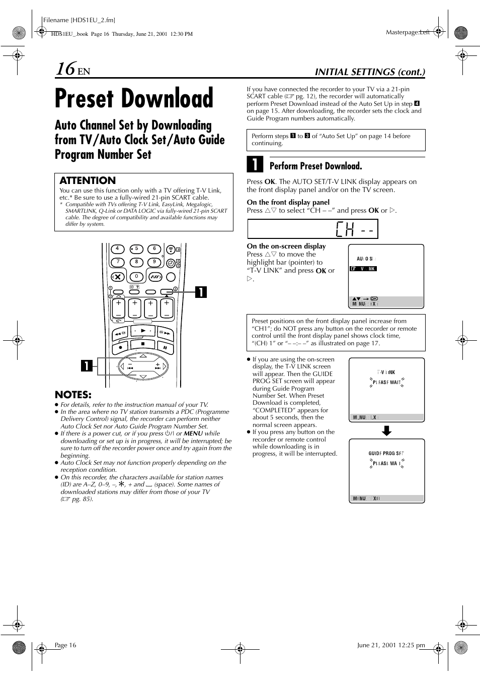 Preset download, Initial settings (cont.), Perform preset download | Attention | JVC HM-HDS1EU User Manual | Page 16 / 100