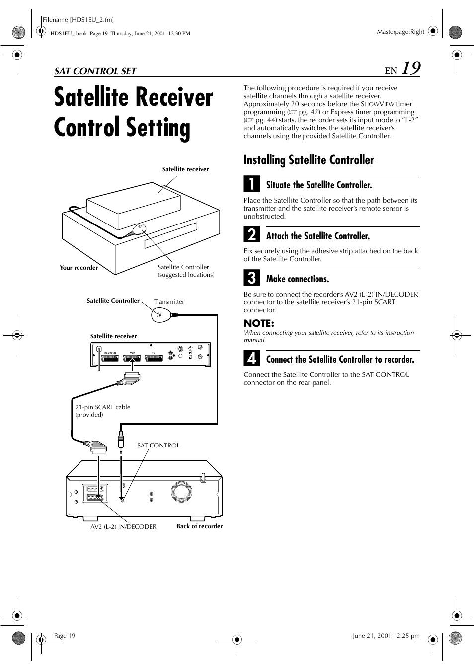 Sat control set, Satellite receiver control setting, Installing satellite controller | JVC HM-HDS1EU User Manual | Page 19 / 100