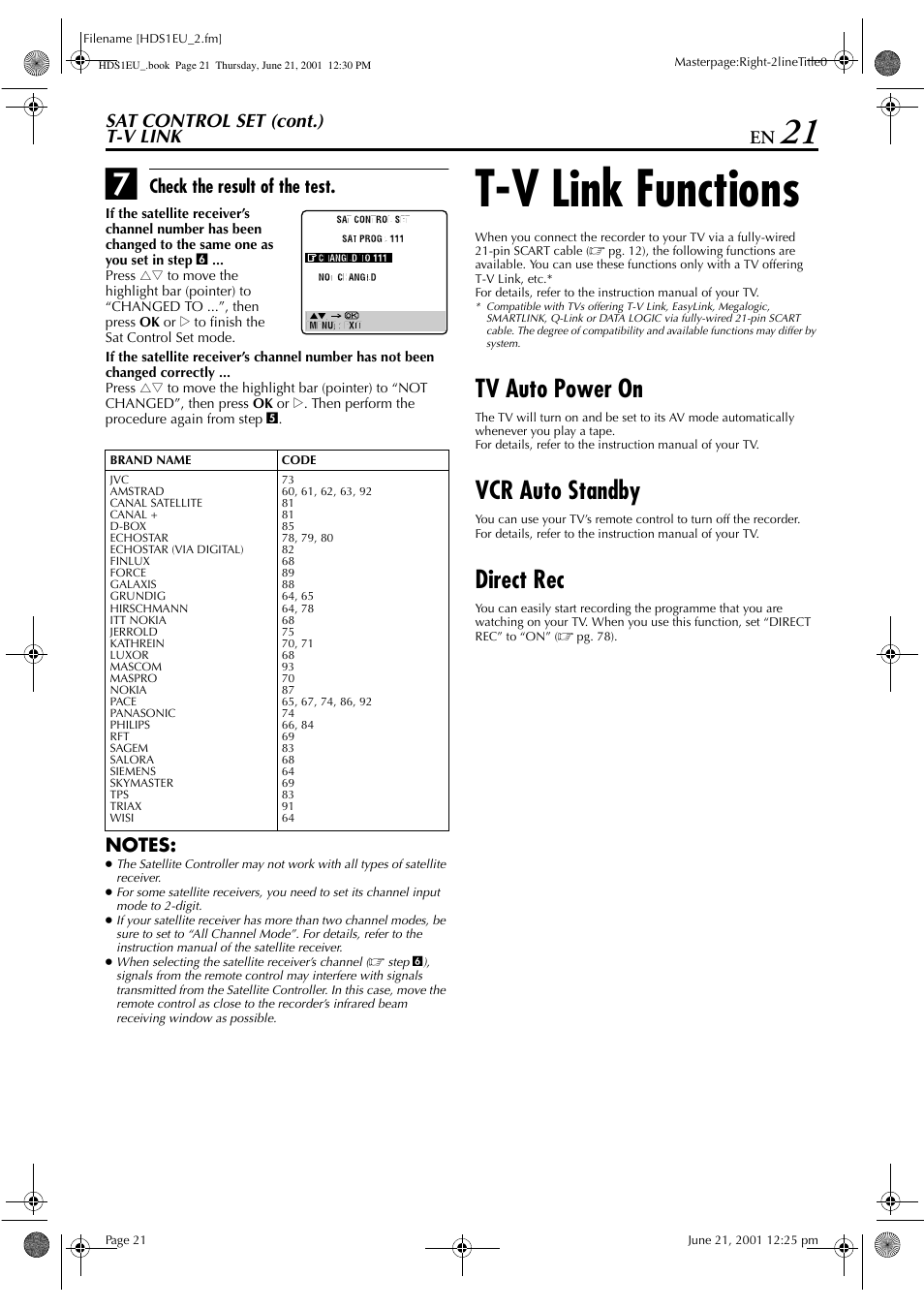 T-v link, T-v link functions, Tv auto power on | Vcr auto standby, Direct rec, Sat control set (cont.) t-v link, Check the result of the test | JVC HM-HDS1EU User Manual | Page 21 / 100