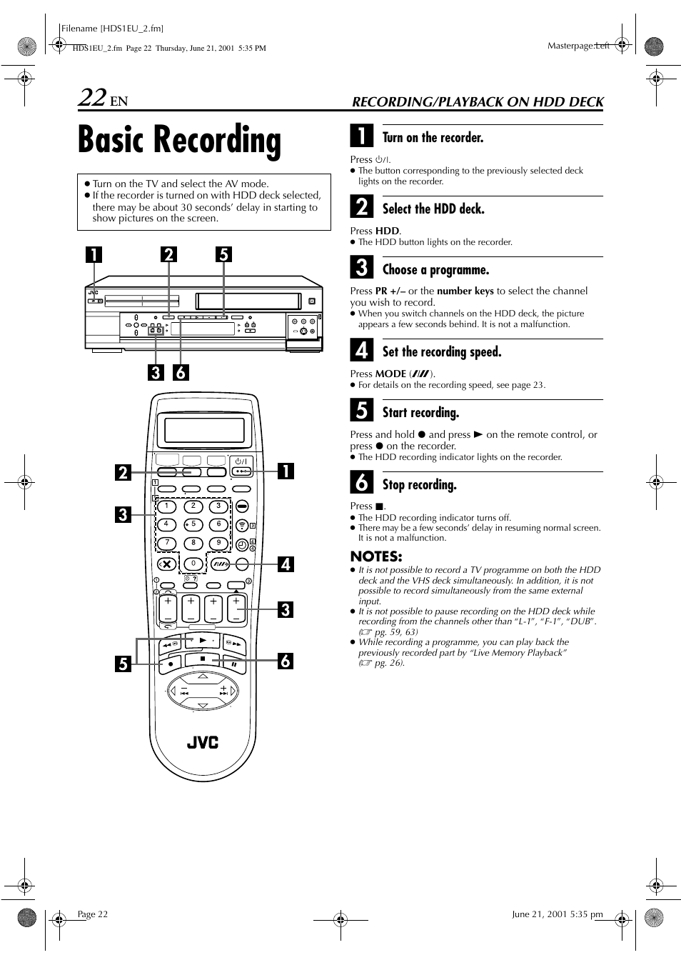 Recording/playback on hdd deck, Basic recording | JVC HM-HDS1EU User Manual | Page 22 / 100