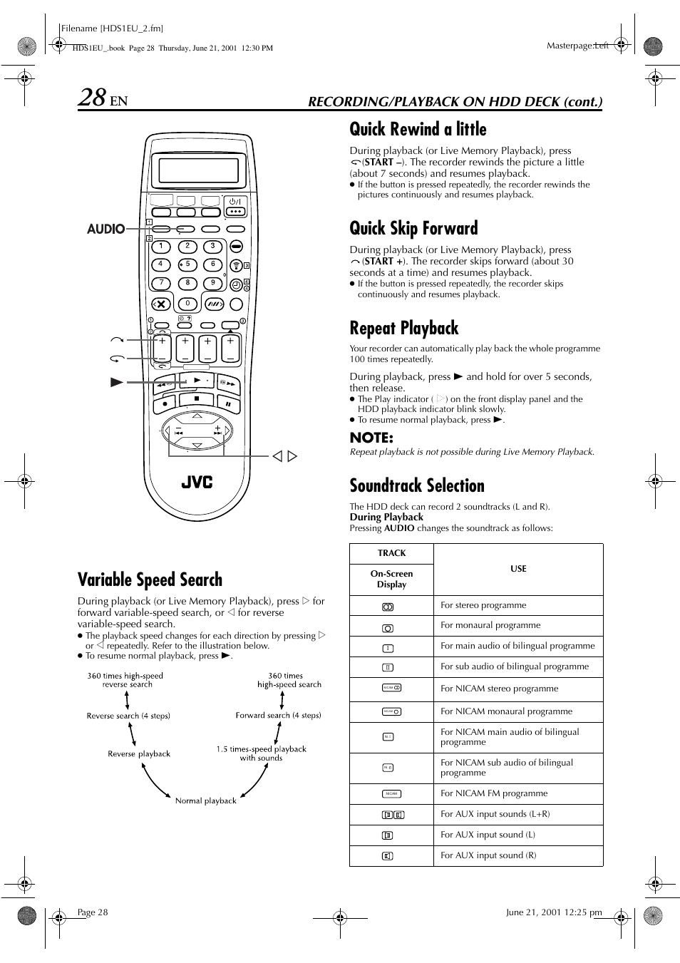 Variable speed search, Quick rewind a little, Quick skip forward | Repeat playback, Soundtrack selection, Recording/playback on hdd deck (cont.) | JVC HM-HDS1EU User Manual | Page 28 / 100