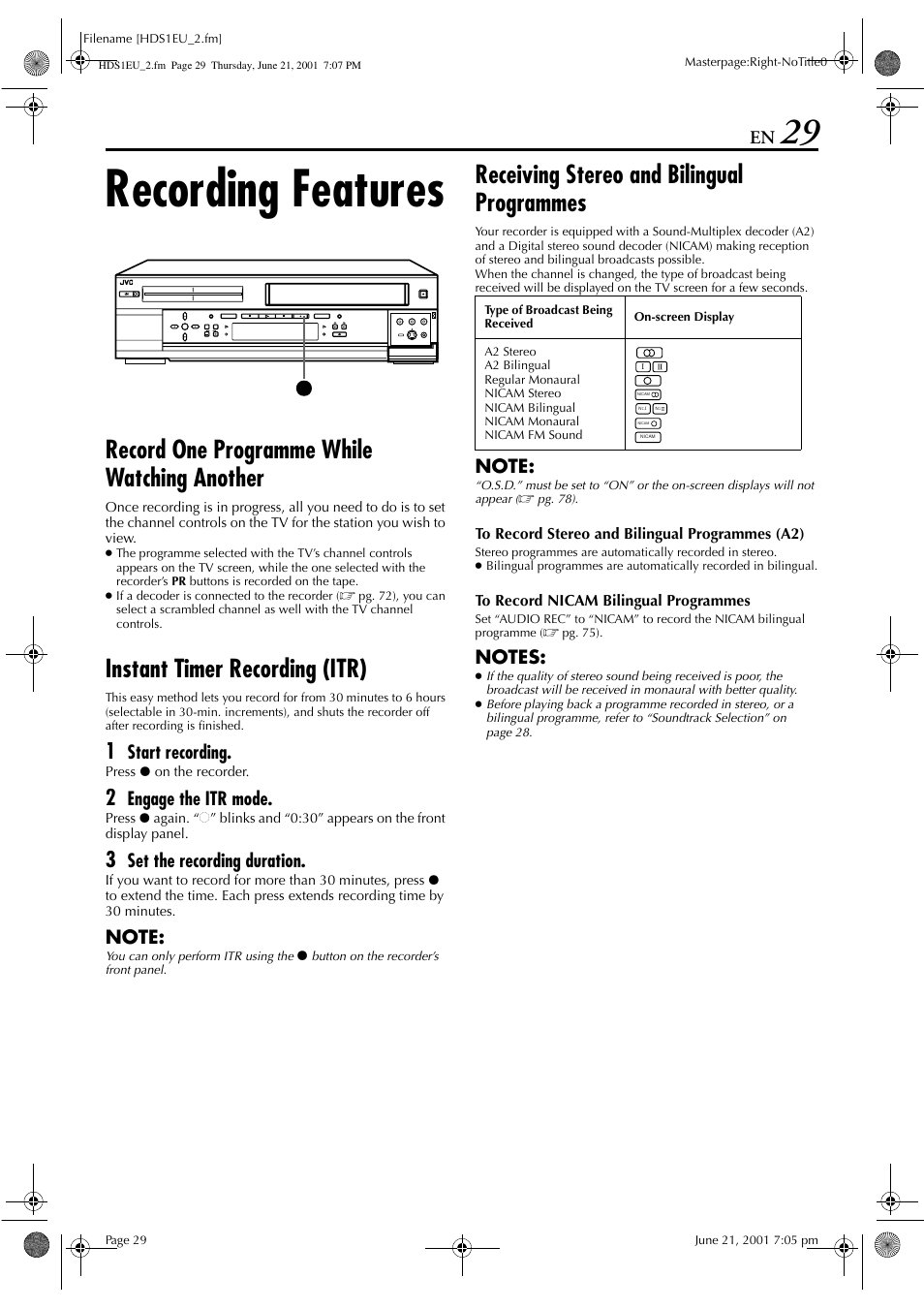 Recording features, Record one programme while watching another, Instant timer recording (itr) | Receiving stereo and bilingual programmes, Start recording, Engage the itr mode, Set the recording duration | JVC HM-HDS1EU User Manual | Page 29 / 100