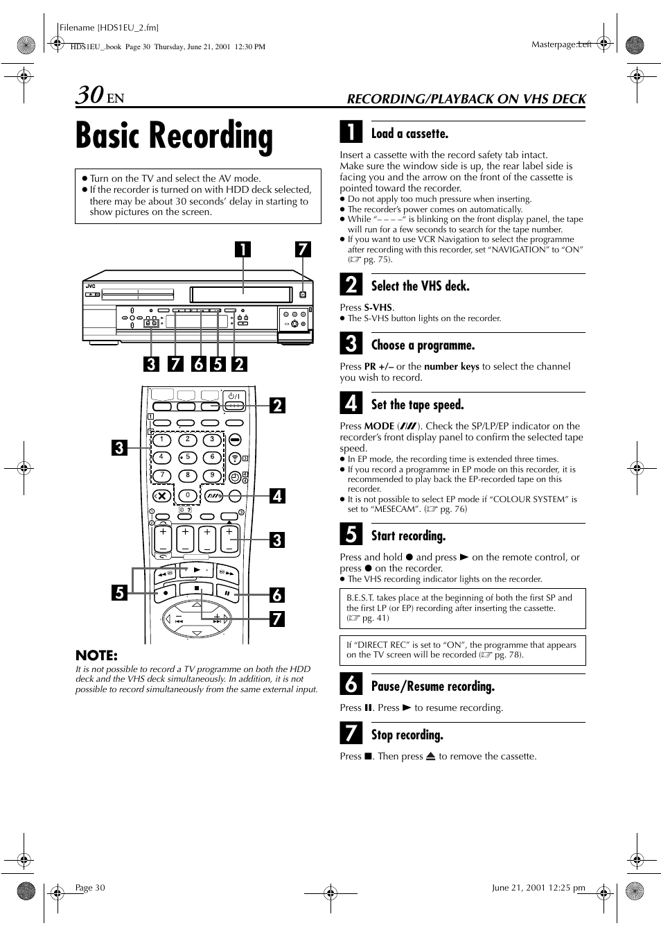 Recording/playback on vhs deck, Basic recording | JVC HM-HDS1EU User Manual | Page 30 / 100