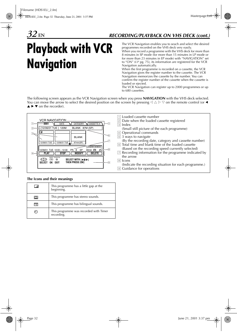 Playback with vcr navigation, Recording/playback on vhs deck (cont.) | JVC HM-HDS1EU User Manual | Page 32 / 100