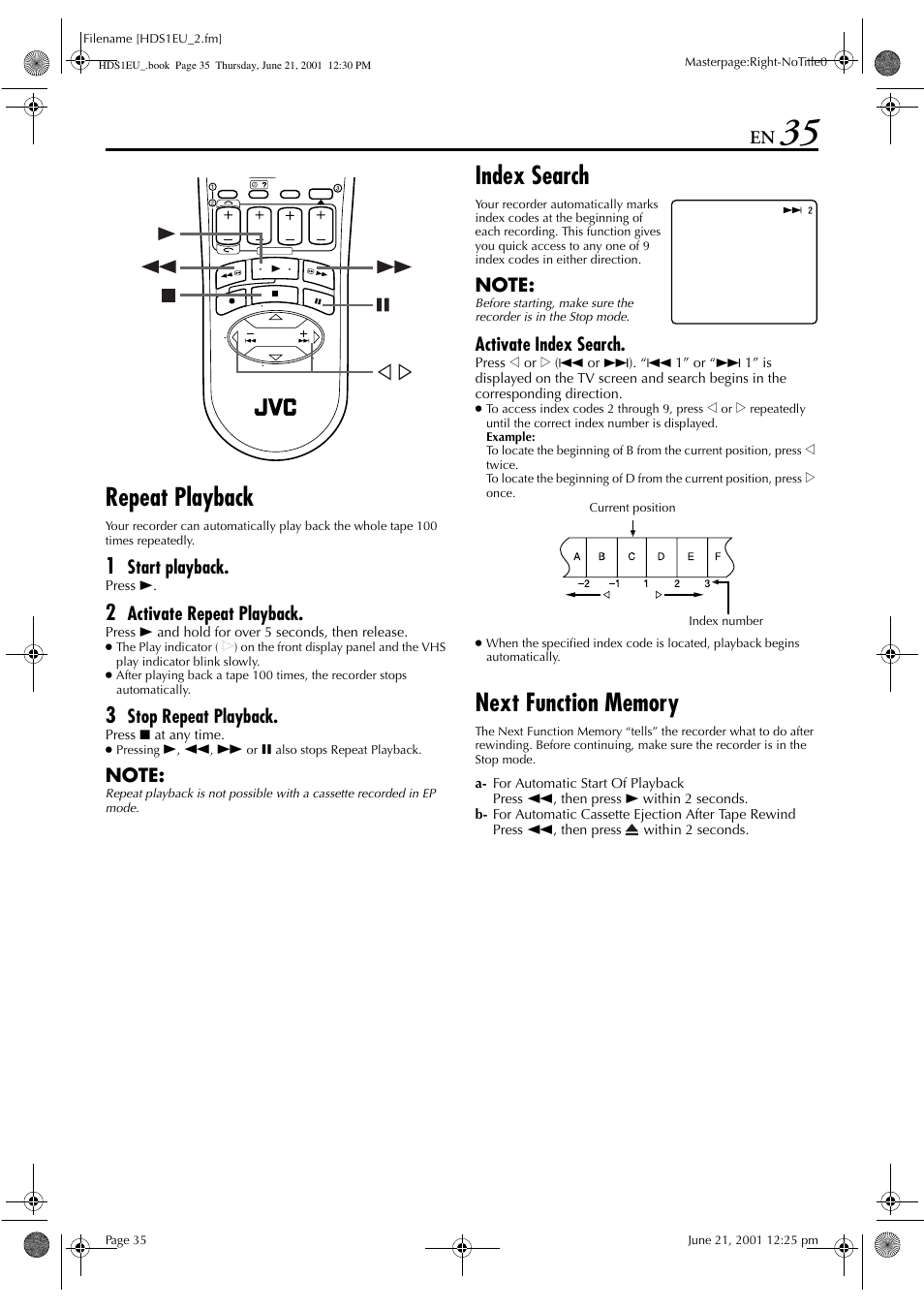 Repeat playback, Index search, Start playback | Activate repeat playback, Stop repeat playback, Activate index search | JVC HM-HDS1EU User Manual | Page 35 / 100