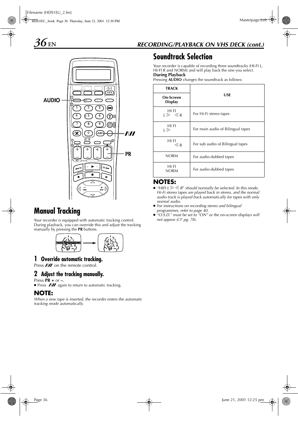 Manual tracking, Soundtrack selection, Recording/playback on vhs deck (cont.) | Override automatic tracking, Adjust the tracking manually | JVC HM-HDS1EU User Manual | Page 36 / 100