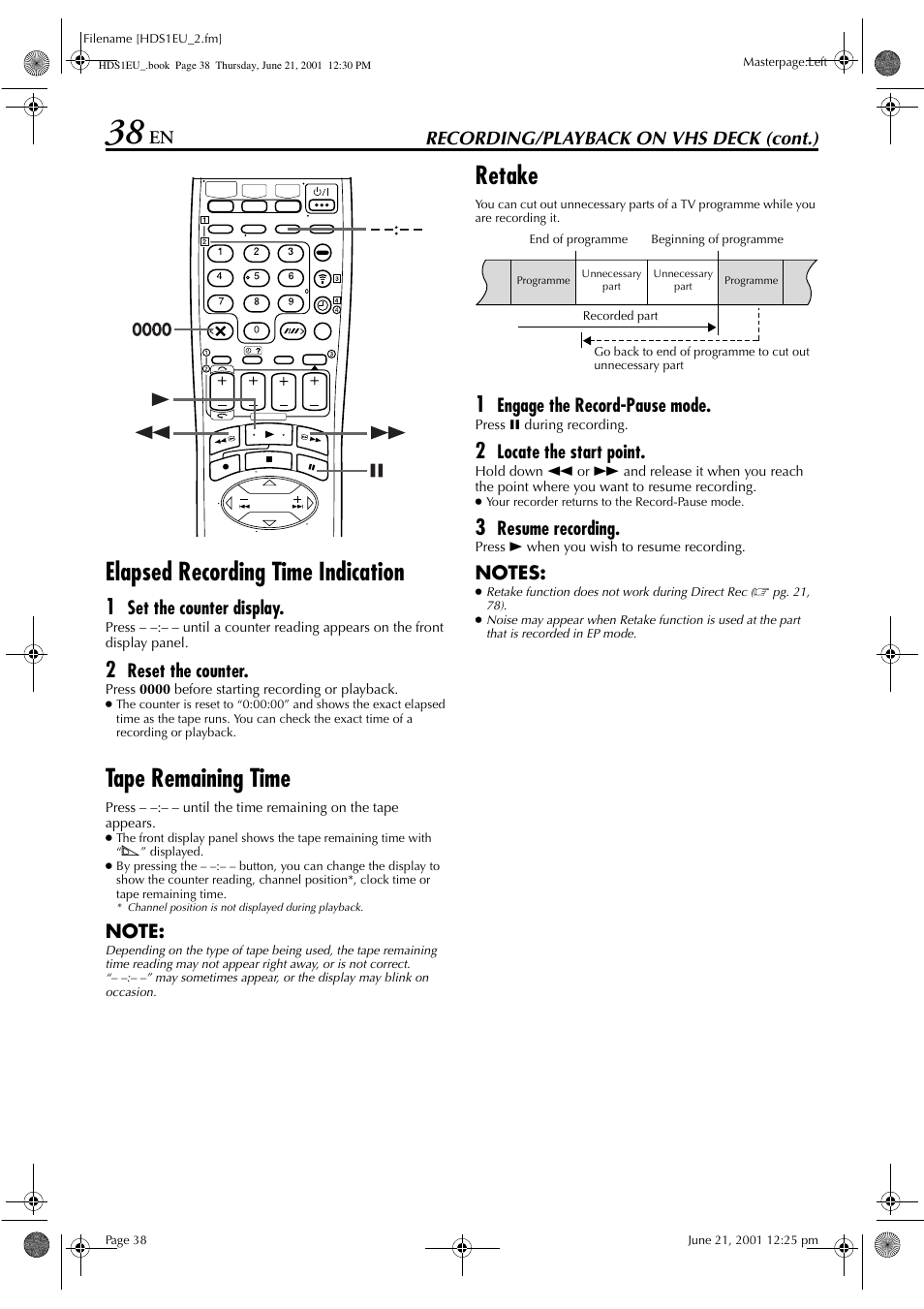 Elapsed recording time indication, Tape remaining time, Retake | Recording/playback on vhs deck (cont.), Set the counter display, Reset the counter, Engage the record-pause mode, Locate the start point, Resume recording | JVC HM-HDS1EU User Manual | Page 38 / 100