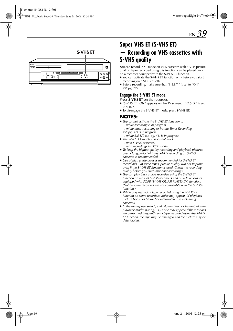 Engage the s-vhs et mode | JVC HM-HDS1EU User Manual | Page 39 / 100