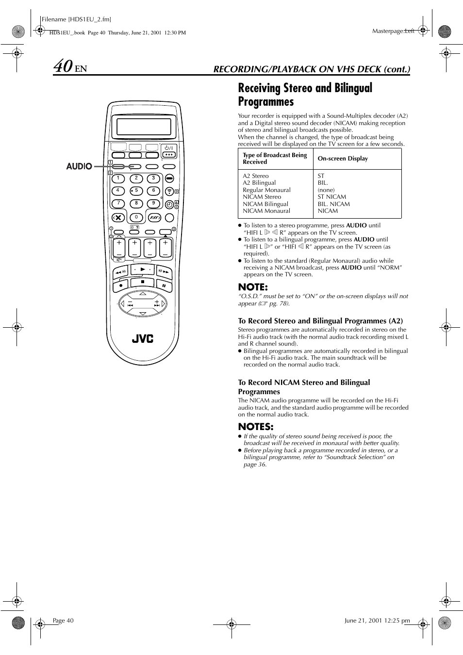 Receiving stereo and bilingual programmes, Recording/playback on vhs deck (cont.) | JVC HM-HDS1EU User Manual | Page 40 / 100