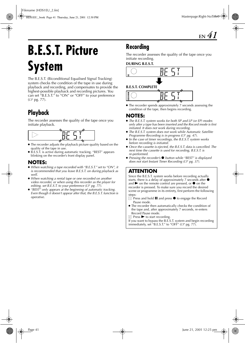 B.e.s.t. picture system, Playback, Recording | Attention | JVC HM-HDS1EU User Manual | Page 41 / 100