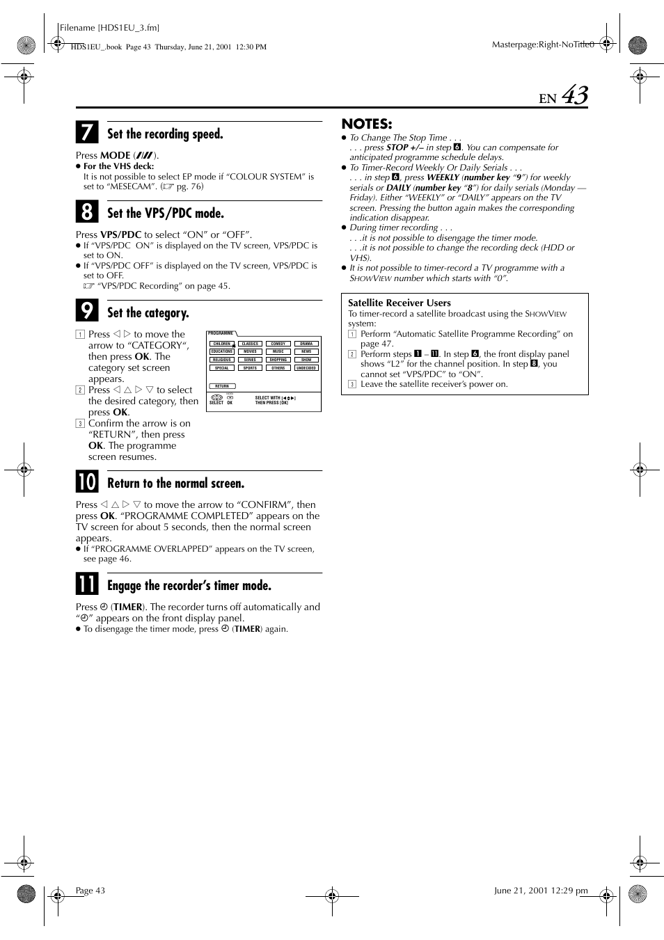 Set the recording speed, Set the vps/pdc mode, Set the category | Return to the normal screen, Engage the recorder’s timer mode | JVC HM-HDS1EU User Manual | Page 43 / 100