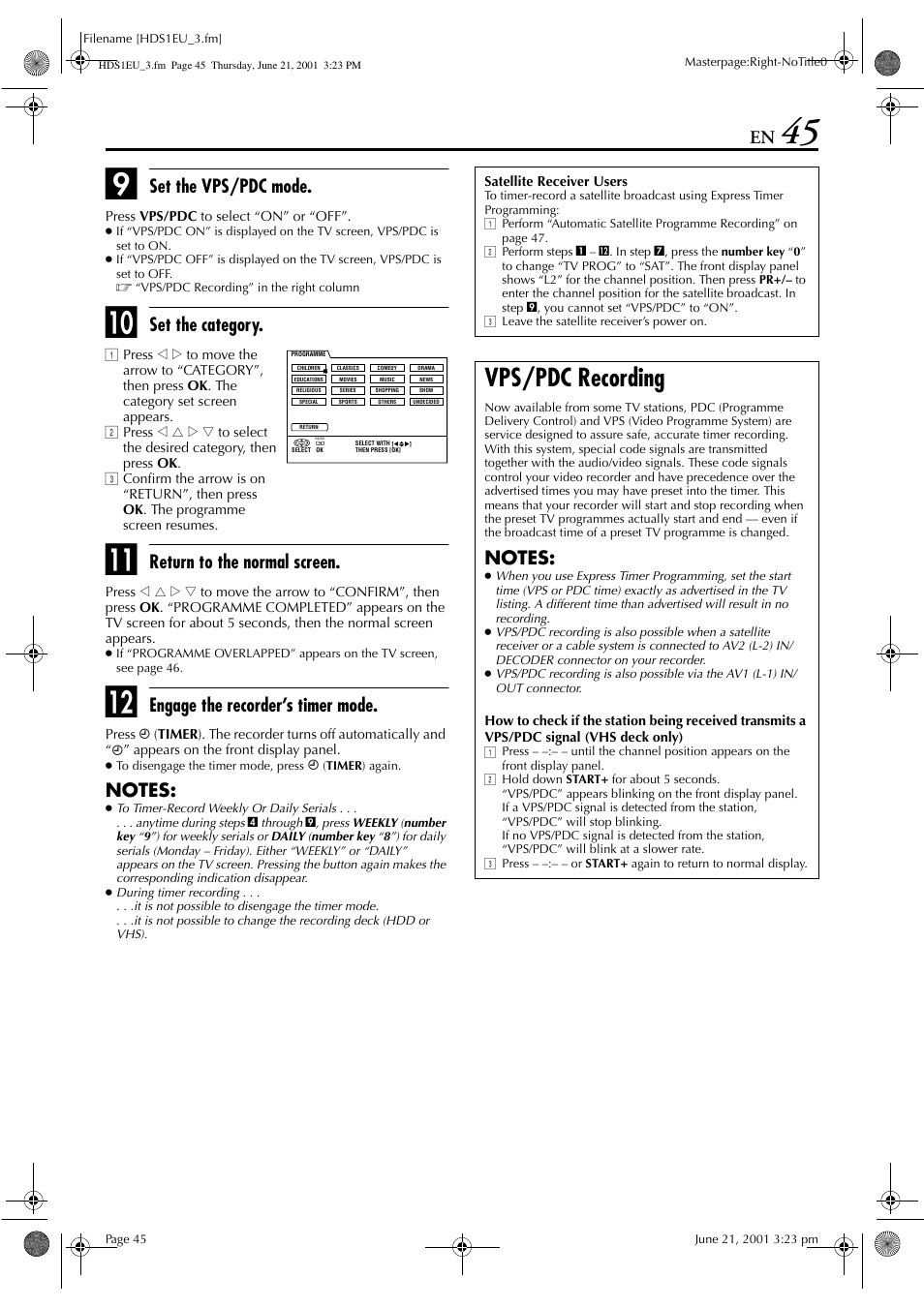 Vps/pdc recording, Set the vps/pdc mode, Set the category | Return to the normal screen, Engage the recorder’s timer mode | JVC HM-HDS1EU User Manual | Page 45 / 100