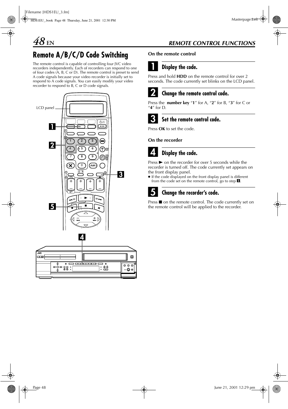 Remote control functions, Remote a/b/c/d code switching | JVC HM-HDS1EU User Manual | Page 48 / 100