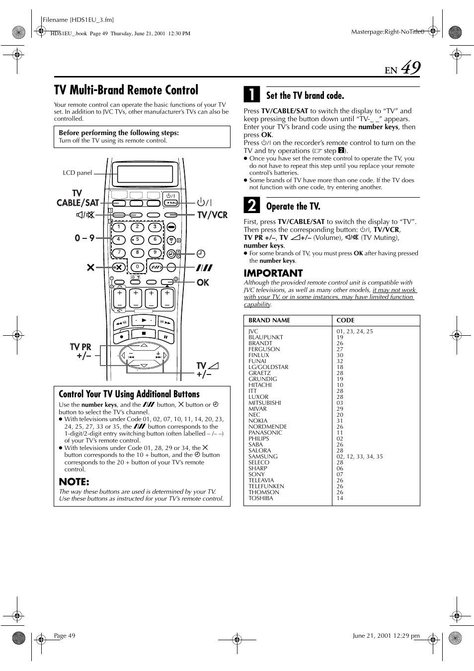 Tv multi-brand remote control, Set the tv brand code, Operate the tv | Important, Control your tv using additional buttons | JVC HM-HDS1EU User Manual | Page 49 / 100