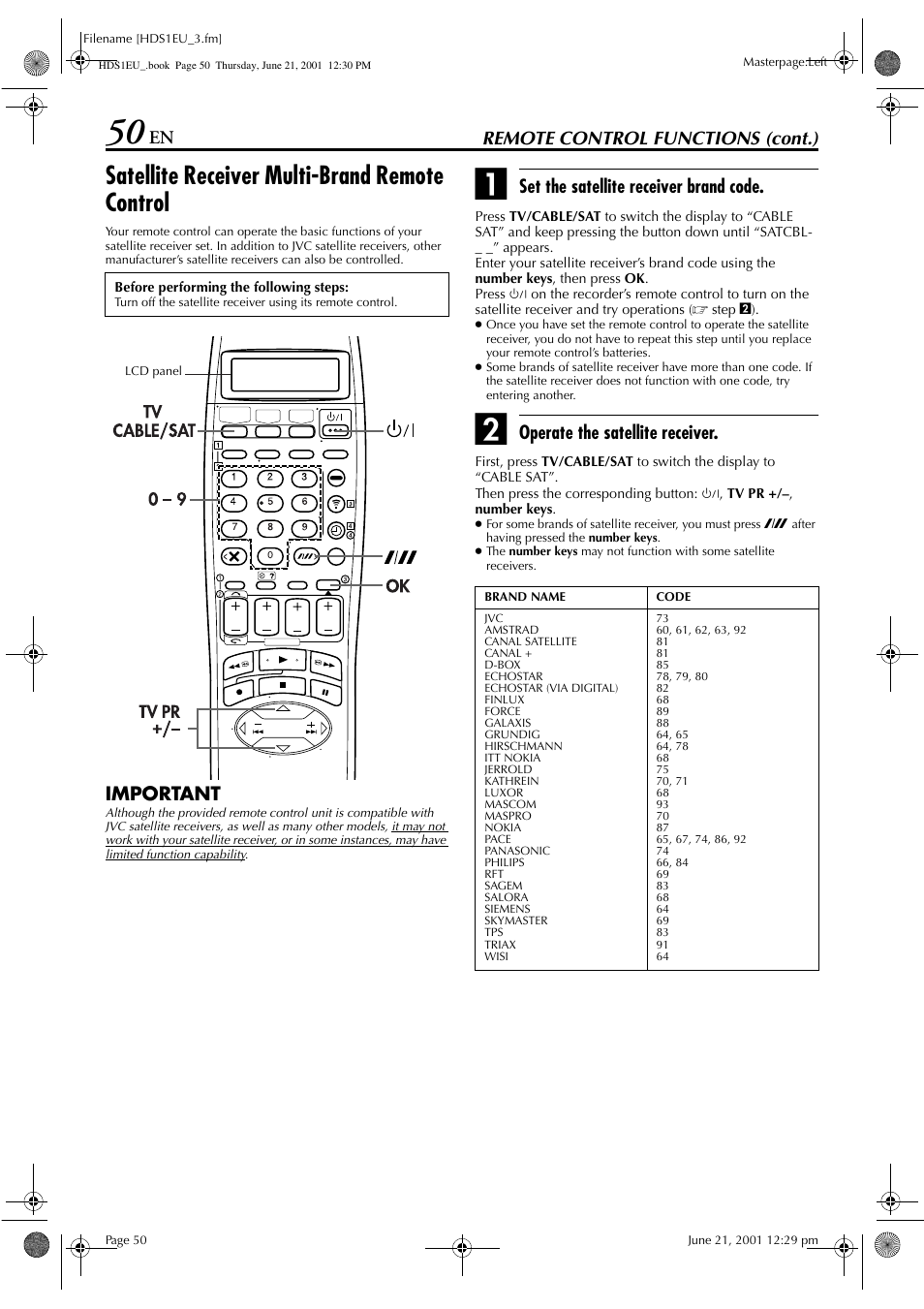Satellite receiver multi-brand remote control, Remote control functions (cont.), Important | Set the satellite receiver brand code, Operate the satellite receiver | JVC HM-HDS1EU User Manual | Page 50 / 100