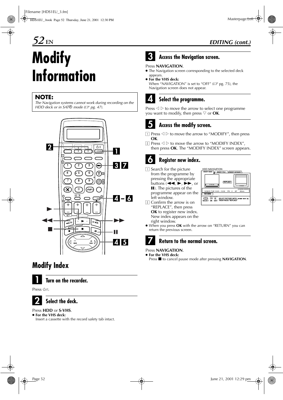 Modify information, Modify index, Editing (cont.) | Turn on the recorder, Select the deck, Access the navigation screen, Select the programme, Access the modify screen, Register new index, Return to the normal screen | JVC HM-HDS1EU User Manual | Page 52 / 100