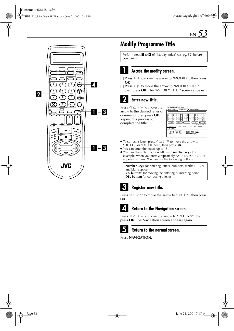 Modify programme title, Access the modify screen, Enter new title | Register new title, Return to the navigation screen, Return to the normal screen | JVC HM-HDS1EU User Manual | Page 53 / 100