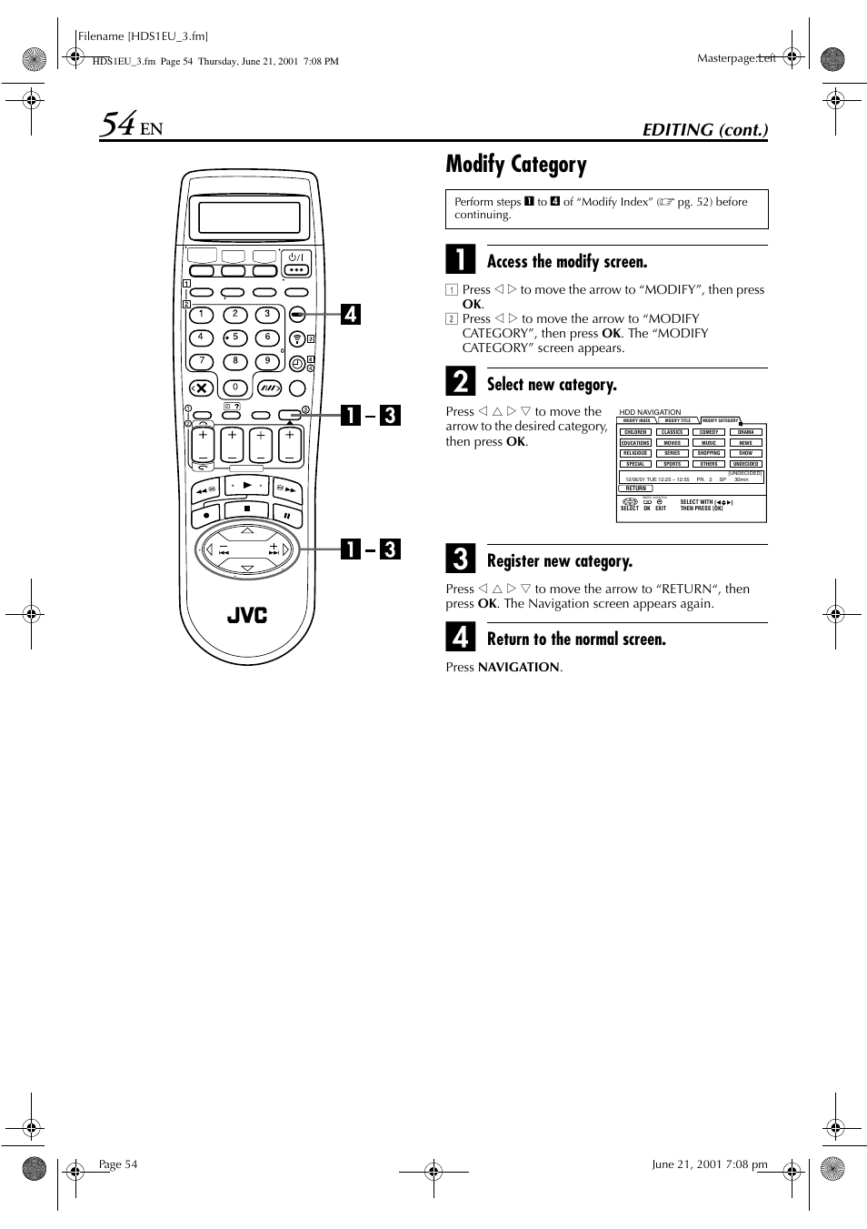 Modify category, Editing (cont.), Access the modify screen | Select new category, Register new category, Return to the normal screen | JVC HM-HDS1EU User Manual | Page 54 / 100