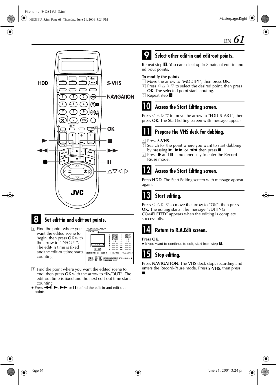 Set edit-in and edit-out points, Select other edit-in and edit-out points, Access the start editing screen | Prepare the vhs deck for dubbing, Start editing, Return to r.a.edit screen, Stop editing | JVC HM-HDS1EU User Manual | Page 61 / 100