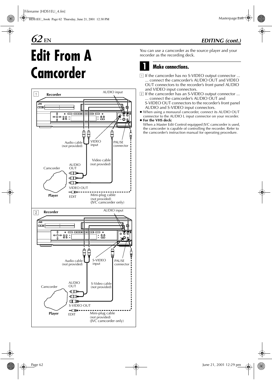 Edit from a camcorder, Editing (cont.), Make connections | JVC HM-HDS1EU User Manual | Page 62 / 100