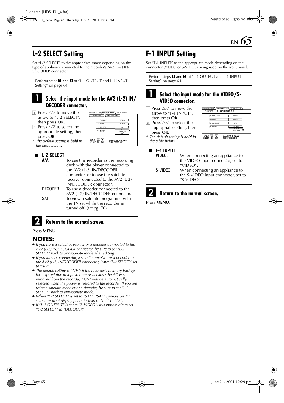 L-2 select setting, F-1 input setting, Return to the normal screen | JVC HM-HDS1EU User Manual | Page 65 / 100