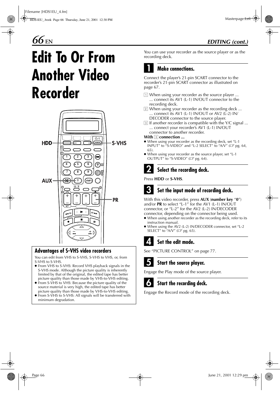 Edit to or from another video recorder | JVC HM-HDS1EU User Manual | Page 66 / 100