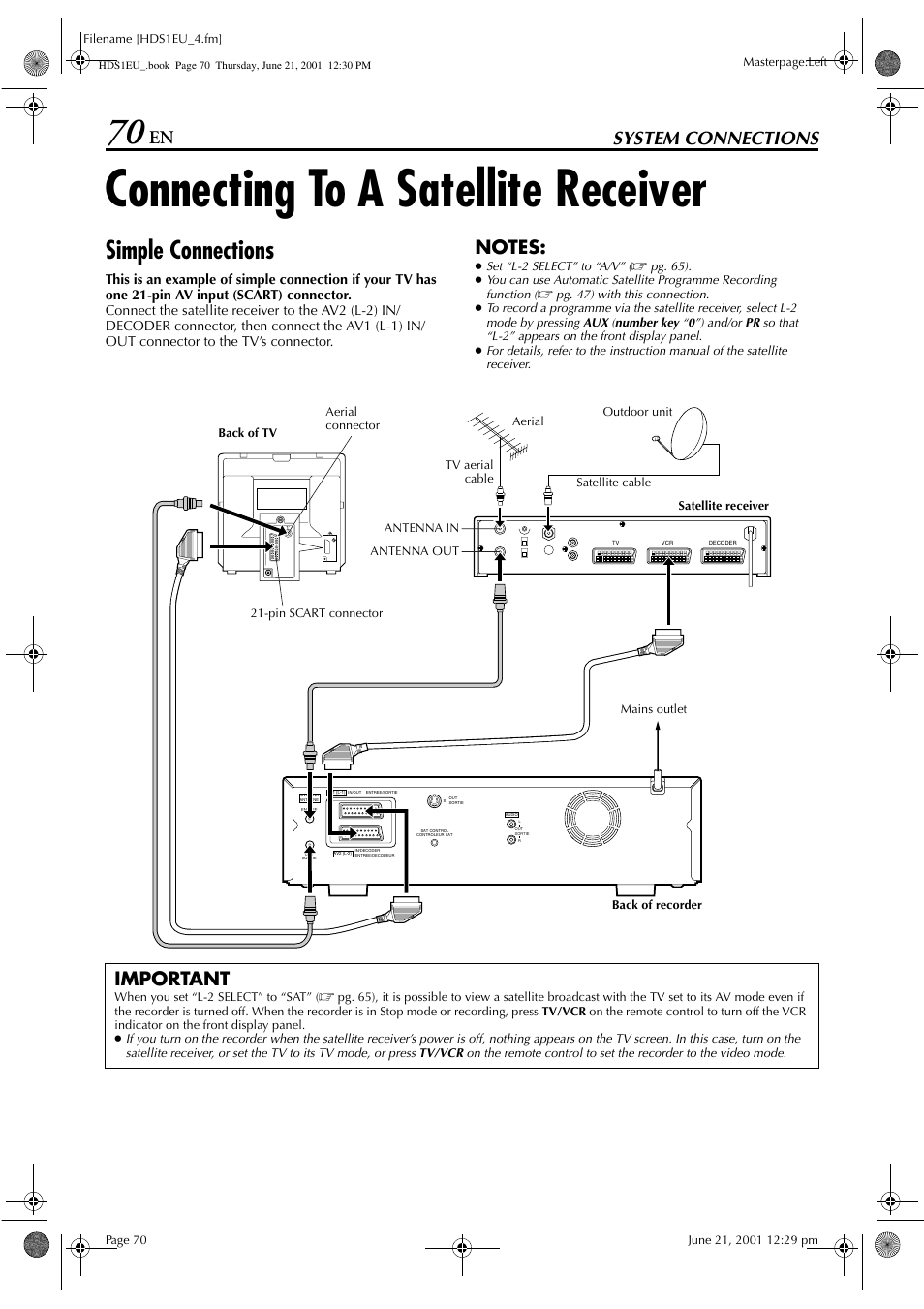 System connections, Connecting to a satellite receiver, Simple connections | Important | JVC HM-HDS1EU User Manual | Page 70 / 100