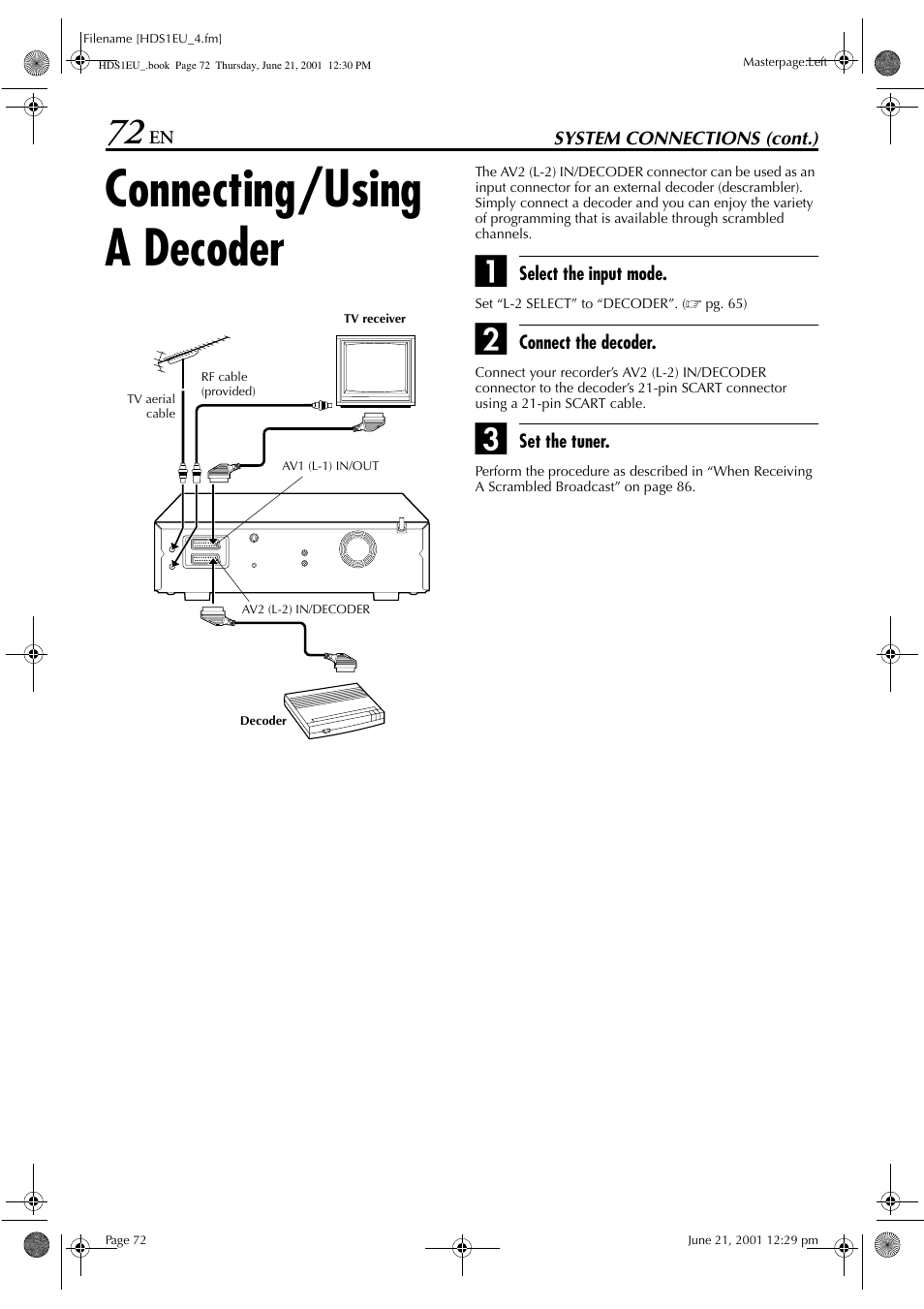 Connecting/using a decoder | JVC HM-HDS1EU User Manual | Page 72 / 100