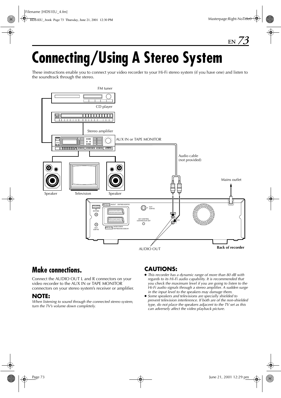 Connecting/using a stereo system, Make connections, Cautions | JVC HM-HDS1EU User Manual | Page 73 / 100