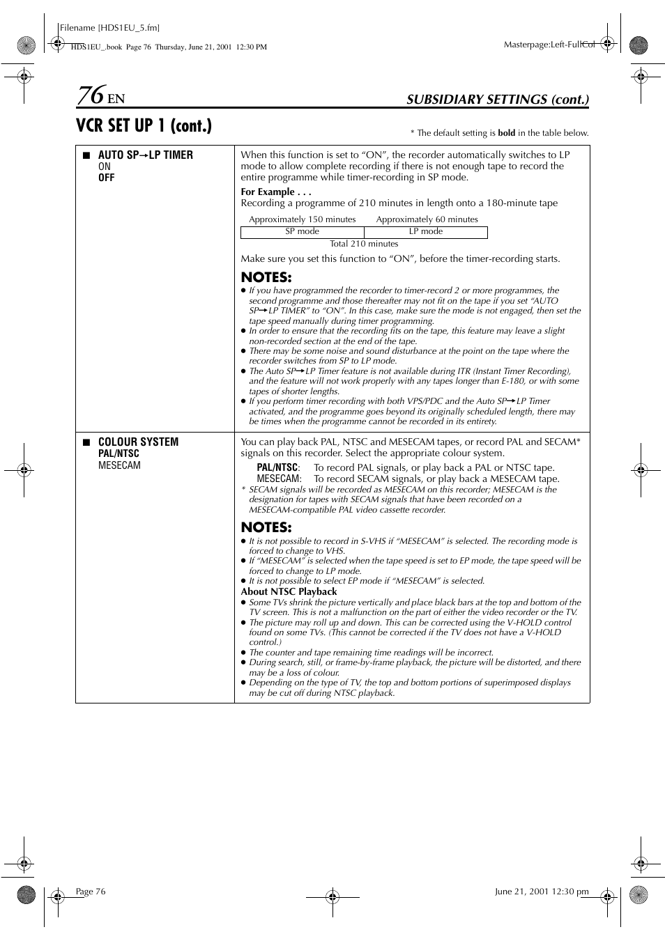 Vcr set up 1 (cont.), Subsidiary settings (cont.) | JVC HM-HDS1EU User Manual | Page 76 / 100