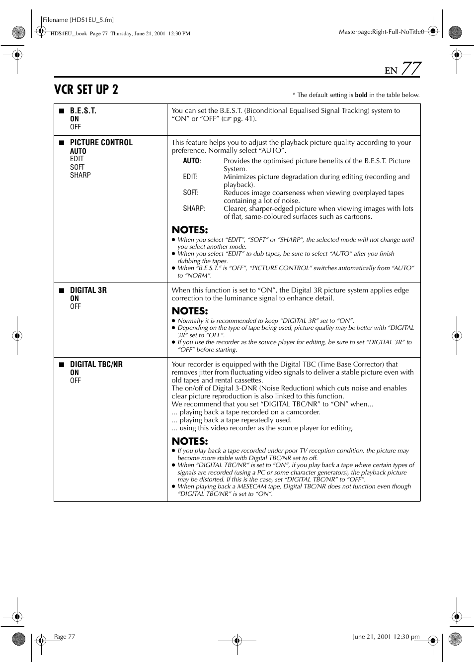 Vcr set up 2 | JVC HM-HDS1EU User Manual | Page 77 / 100