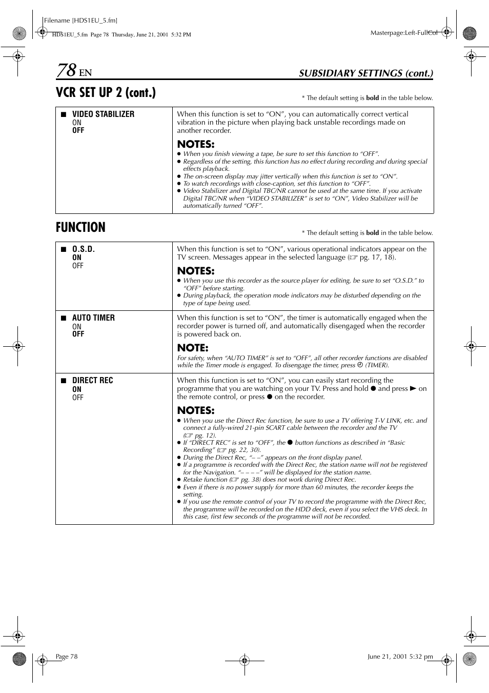 Vcr set up 2 (cont.), Function, Subsidiary settings (cont.) | JVC HM-HDS1EU User Manual | Page 78 / 100