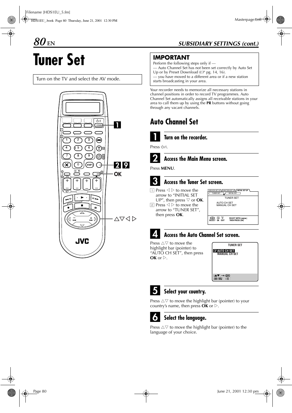 Tuner set, Auto channel set | JVC HM-HDS1EU User Manual | Page 80 / 100