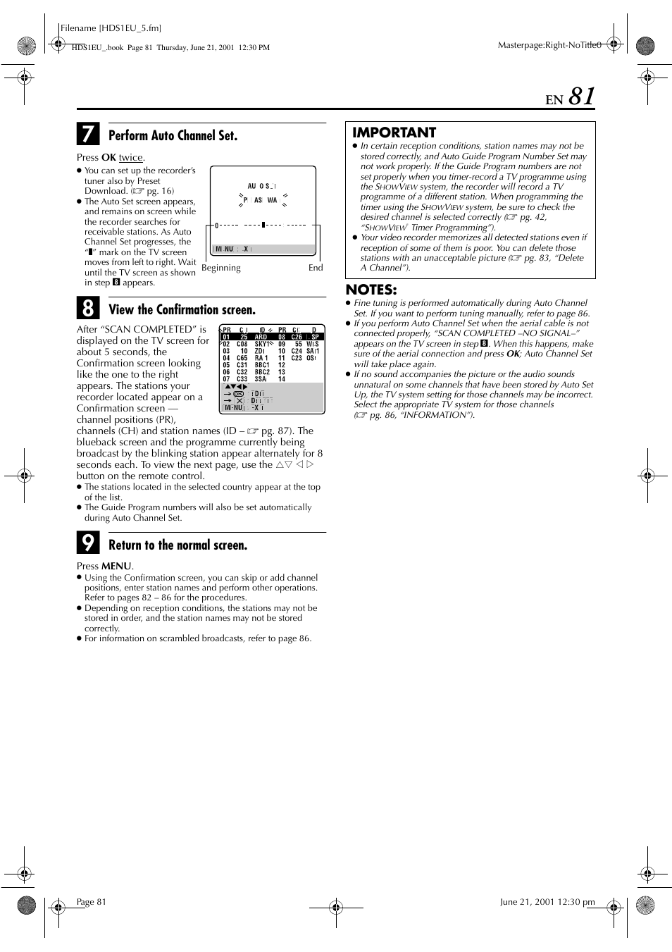 Perform auto channel set, View the confirmation screen, Return to the normal screen | Important | JVC HM-HDS1EU User Manual | Page 81 / 100