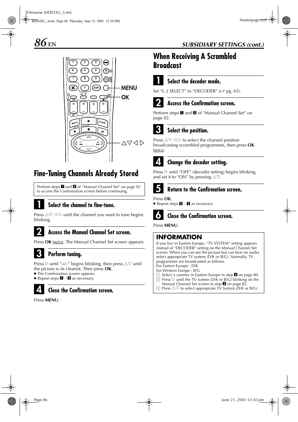 Fine-tuning channels already stored, When receiving a scrambled broadcast | JVC HM-HDS1EU User Manual | Page 86 / 100