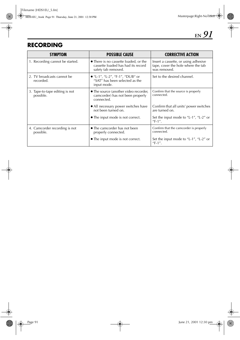 Recording | JVC HM-HDS1EU User Manual | Page 91 / 100