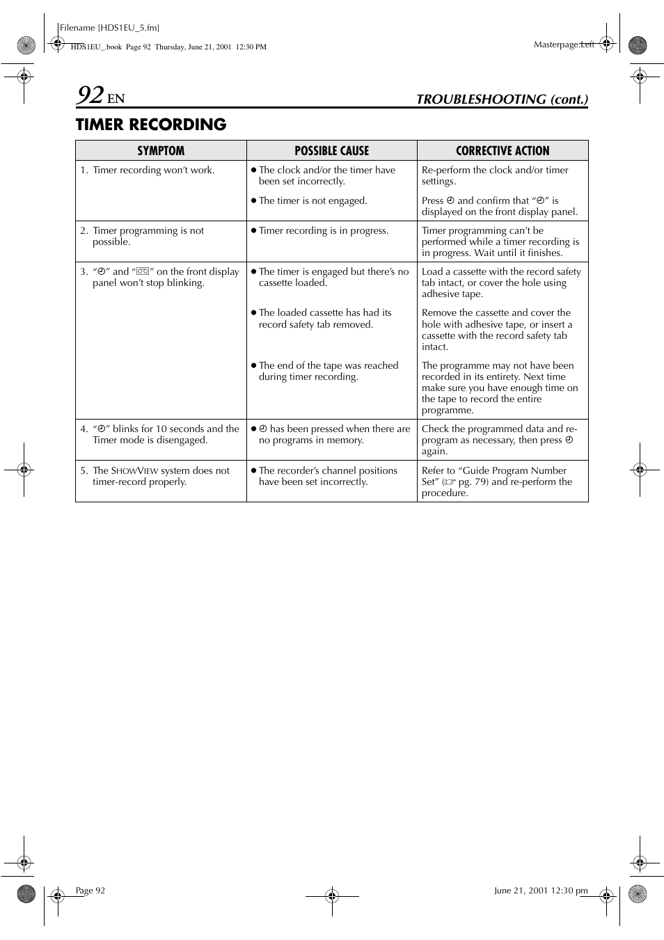 Timer recording, Troubleshooting (cont.) | JVC HM-HDS1EU User Manual | Page 92 / 100