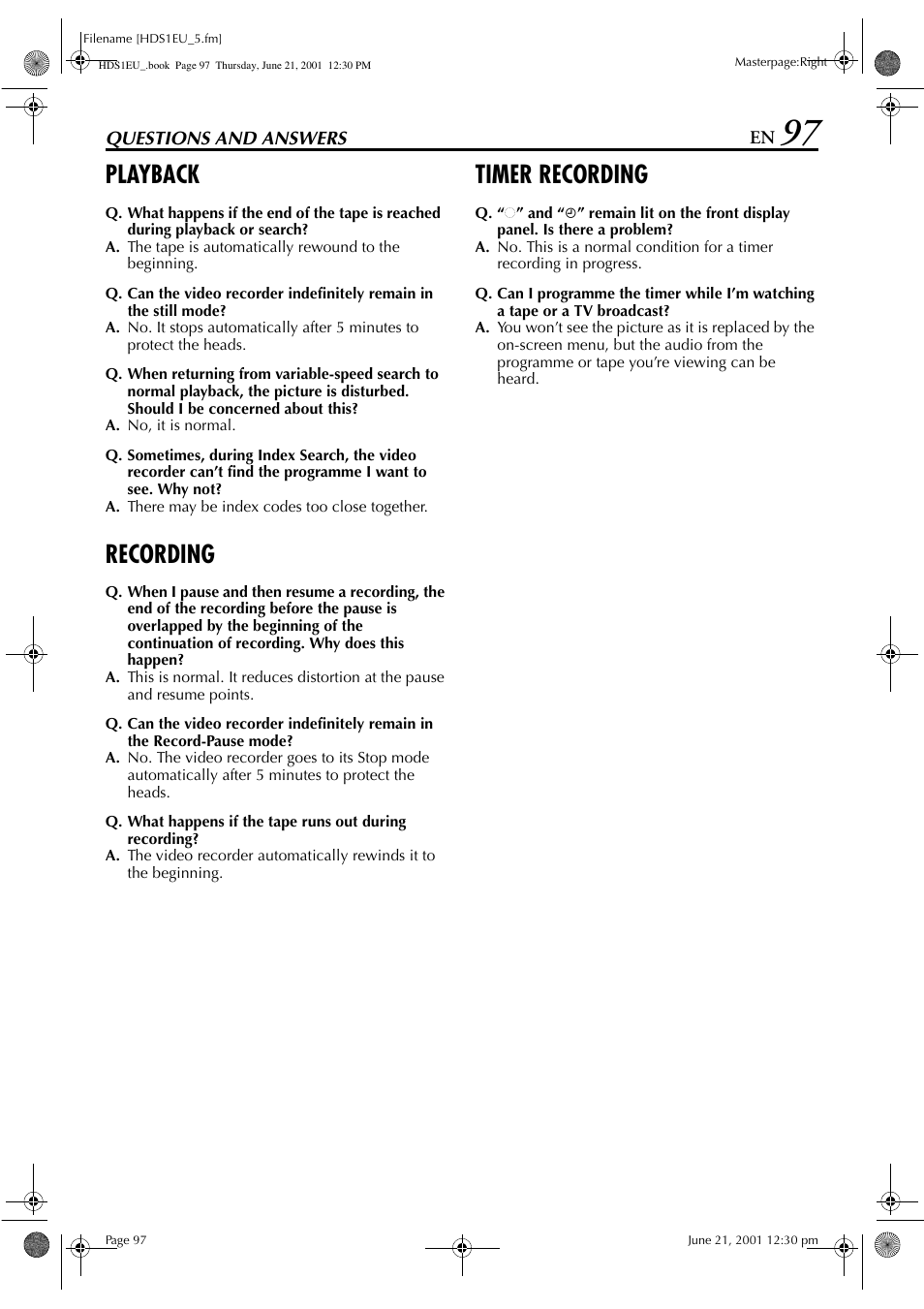 Questions and answers, Playback, Recording | Timer recording | JVC HM-HDS1EU User Manual | Page 97 / 100