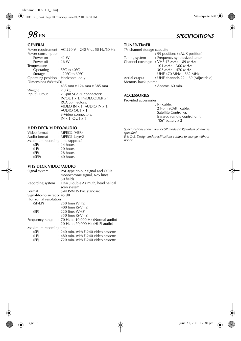 Specifications | JVC HM-HDS1EU User Manual | Page 98 / 100