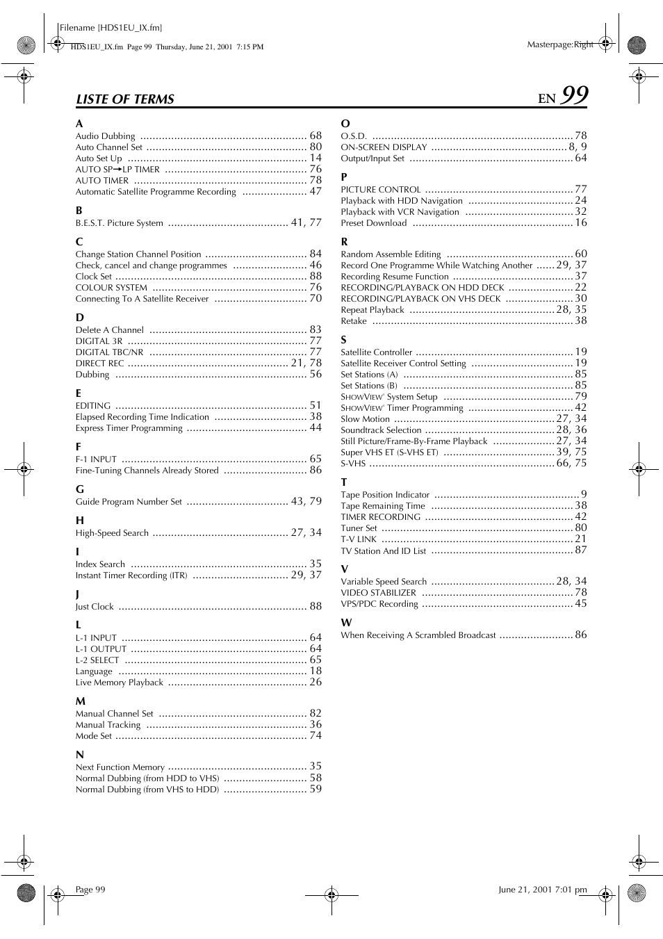 Liste of terms | JVC HM-HDS1EU User Manual | Page 99 / 100