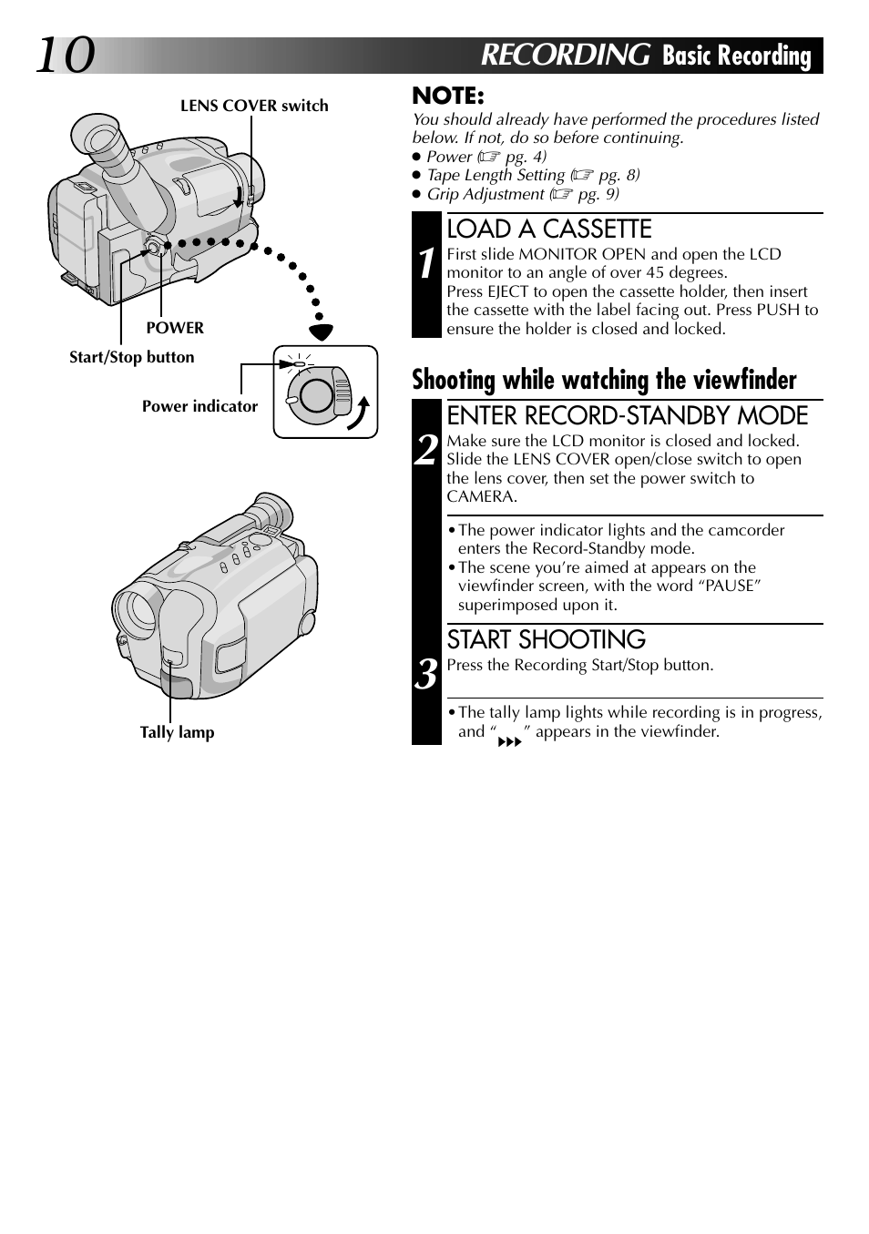 Recording, Basic recording, Shooting while watching the viewfinder | JVC COMPACT VHS CAMCORDER GR-AXM30 User Manual | Page 10 / 48