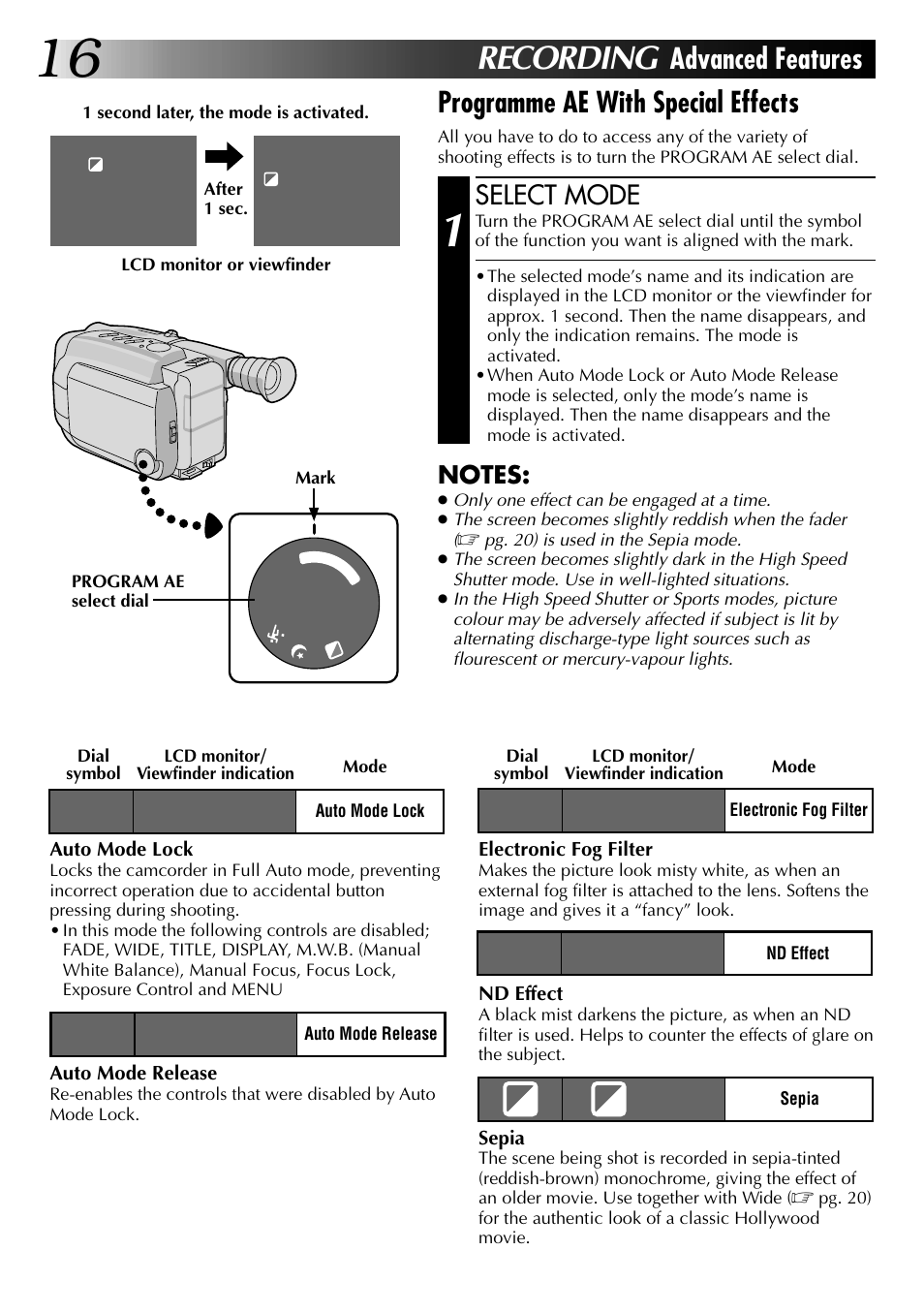 Recording, Select mode | JVC COMPACT VHS CAMCORDER GR-AXM30 User Manual | Page 16 / 48